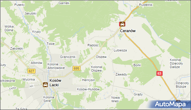 mapa Olszew gmina Ceranów, Olszew gmina Ceranów na mapie Targeo