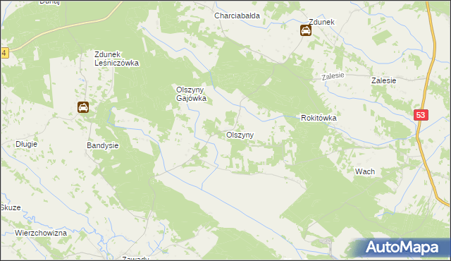 mapa Olszyny gmina Myszyniec, Olszyny gmina Myszyniec na mapie Targeo