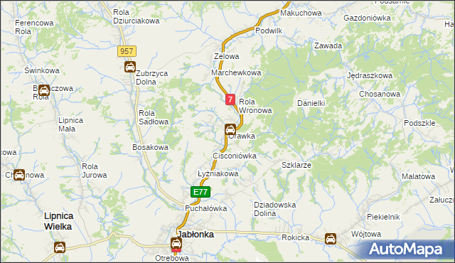 mapa Orawka gmina Jabłonka, Orawka gmina Jabłonka na mapie Targeo