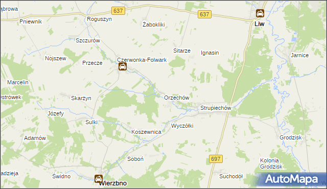 mapa Orzechów gmina Wierzbno, Orzechów gmina Wierzbno na mapie Targeo