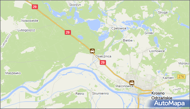 mapa Osiecznica gmina Krosno Odrzańskie, Osiecznica gmina Krosno Odrzańskie na mapie Targeo