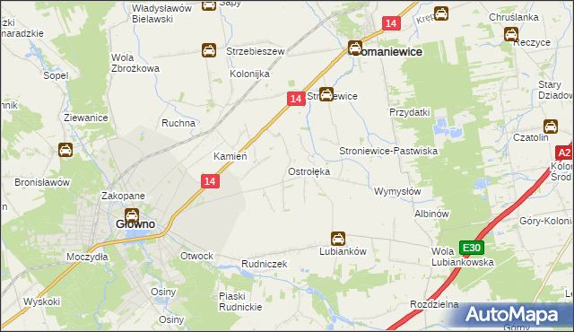 mapa Ostrołęka gmina Głowno, Ostrołęka gmina Głowno na mapie Targeo