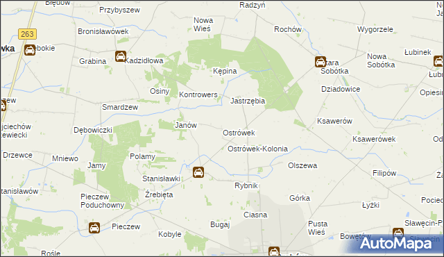 mapa Ostrówek gmina Grabów, Ostrówek gmina Grabów na mapie Targeo