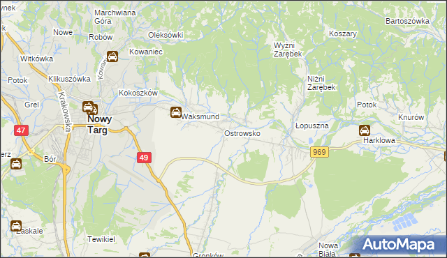 mapa Ostrowsko gmina Nowy Targ, Ostrowsko gmina Nowy Targ na mapie Targeo