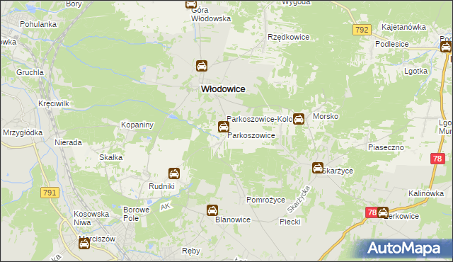 mapa Parkoszowice gmina Włodowice, Parkoszowice gmina Włodowice na mapie Targeo