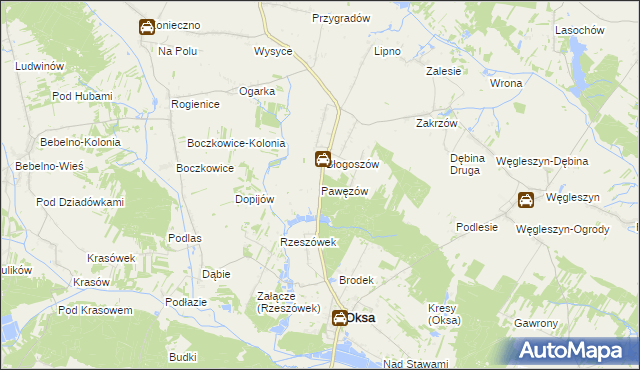 mapa Pawęzów gmina Oksa, Pawęzów gmina Oksa na mapie Targeo