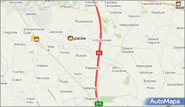 mapa Pawłowice gmina Krzyżanów, Pawłowice gmina Krzyżanów na mapie Targeo