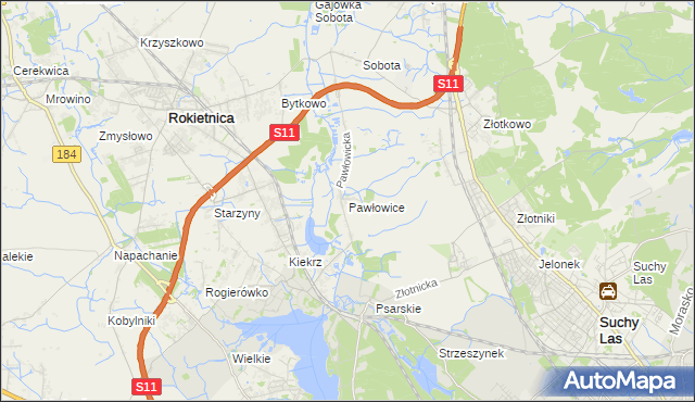 mapa Pawłowice gmina Rokietnica, Pawłowice gmina Rokietnica na mapie Targeo