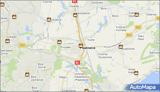 mapa Pawłowice powiat pszczyński, Pawłowice powiat pszczyński na mapie Targeo