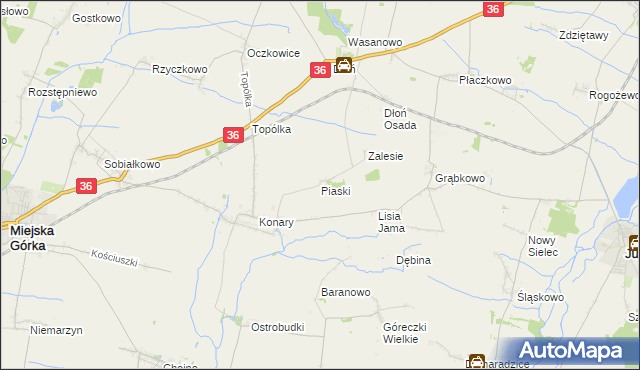 mapa Piaski gmina Miejska Górka, Piaski gmina Miejska Górka na mapie Targeo