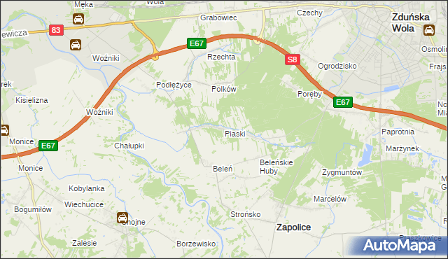 mapa Piaski gmina Zduńska Wola, Piaski gmina Zduńska Wola na mapie Targeo