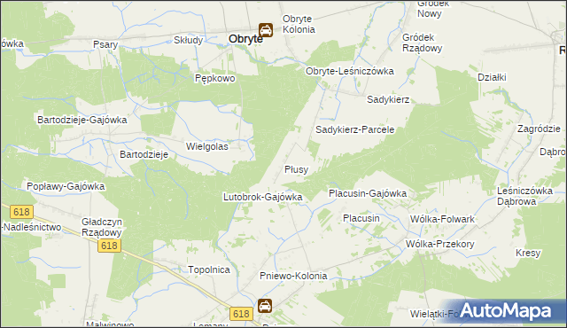 mapa Płusy gmina Obryte, Płusy gmina Obryte na mapie Targeo