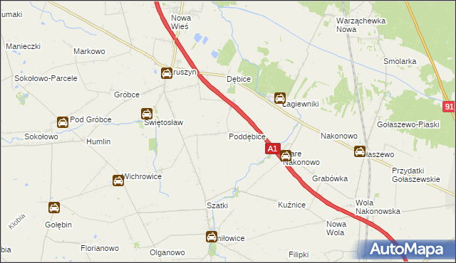 mapa Poddębice gmina Włocławek, Poddębice gmina Włocławek na mapie Targeo