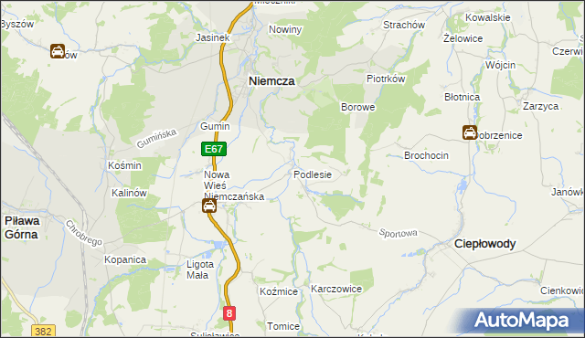 mapa Podlesie gmina Niemcza, Podlesie gmina Niemcza na mapie Targeo