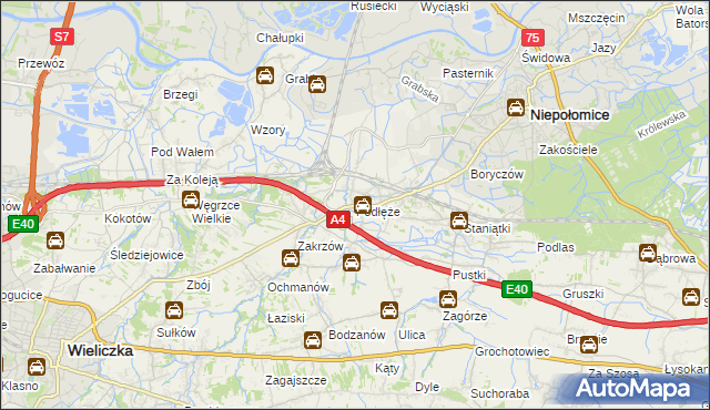 mapa Podłęże gmina Niepołomice, Podłęże gmina Niepołomice na mapie Targeo