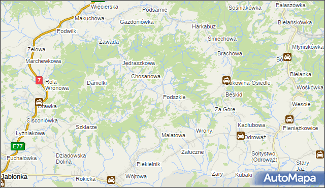 mapa Podszkle gmina Czarny Dunajec, Podszkle gmina Czarny Dunajec na mapie Targeo