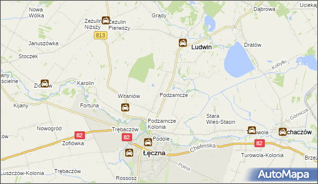 mapa Podzamcze gmina Łęczna, Podzamcze gmina Łęczna na mapie Targeo