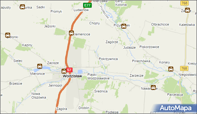 mapa Pokrzywnica gmina Wodzisław, Pokrzywnica gmina Wodzisław na mapie Targeo