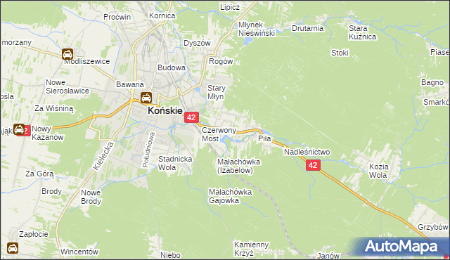 mapa Pomyków gmina Końskie, Pomyków gmina Końskie na mapie Targeo