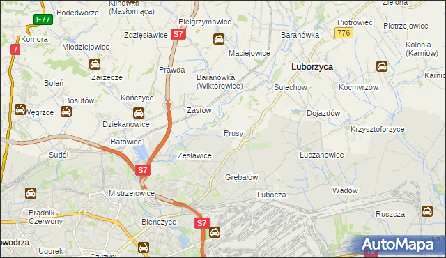 mapa Prusy gmina Kocmyrzów-Luborzyca, Prusy gmina Kocmyrzów-Luborzyca na mapie Targeo