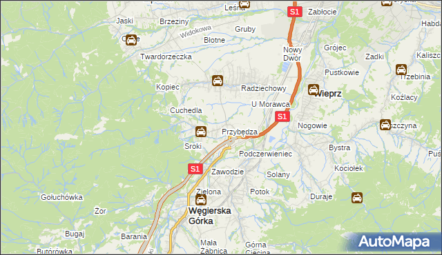 mapa Przybędza, Przybędza na mapie Targeo