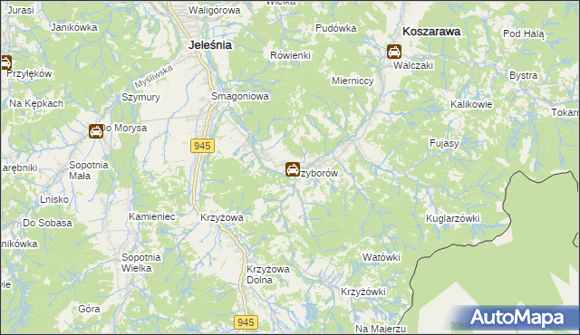 mapa Przyborów gmina Jeleśnia, Przyborów gmina Jeleśnia na mapie Targeo