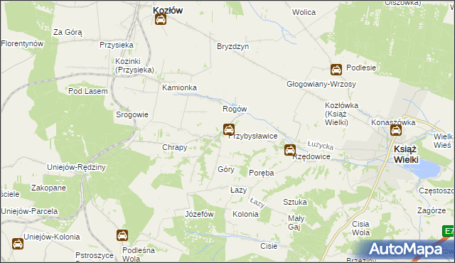 mapa Przybysławice gmina Kozłów, Przybysławice gmina Kozłów na mapie Targeo