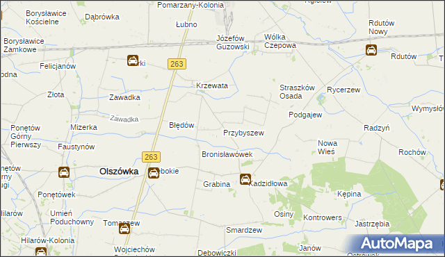 mapa Przybyszew gmina Olszówka, Przybyszew gmina Olszówka na mapie Targeo