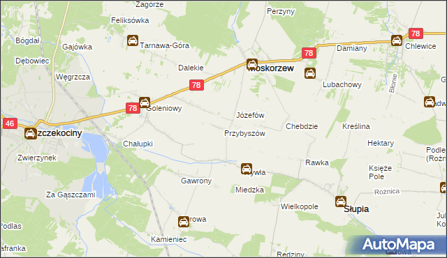 mapa Przybyszów gmina Moskorzew, Przybyszów gmina Moskorzew na mapie Targeo