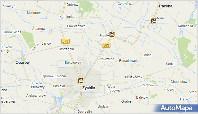 mapa Rakowiec gmina Pacyna, Rakowiec gmina Pacyna na mapie Targeo