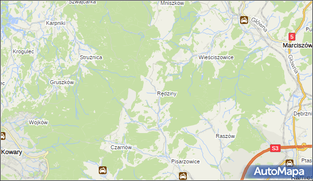 mapa Rędziny gmina Kamienna Góra, Rędziny gmina Kamienna Góra na mapie Targeo