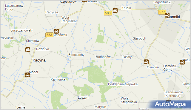 mapa Romanów gmina Pacyna, Romanów gmina Pacyna na mapie Targeo