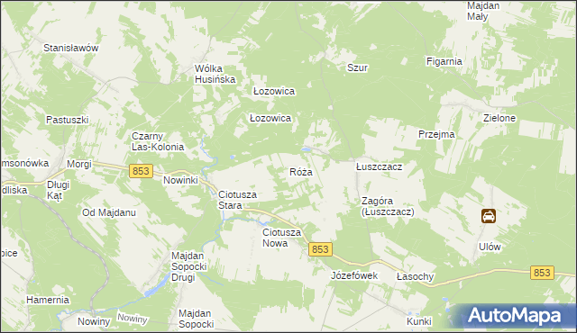 mapa Róża gmina Susiec, Róża gmina Susiec na mapie Targeo