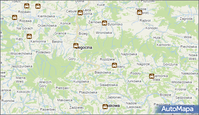 mapa Rozdziele gmina Żegocina, Rozdziele gmina Żegocina na mapie Targeo