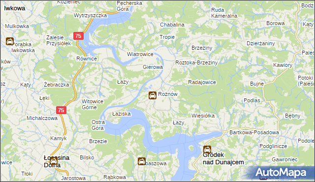 mapa Rożnów gmina Gródek nad Dunajcem, Rożnów gmina Gródek nad Dunajcem na mapie Targeo