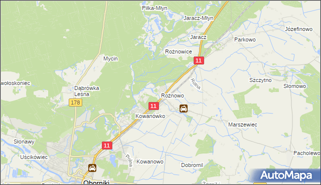 mapa Rożnowo gmina Oborniki, Rożnowo gmina Oborniki na mapie Targeo