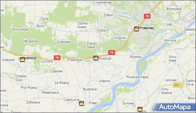 mapa Ruszcza gmina Połaniec, Ruszcza gmina Połaniec na mapie Targeo