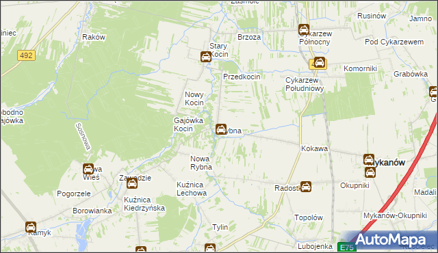 mapa Rybna gmina Mykanów, Rybna gmina Mykanów na mapie Targeo