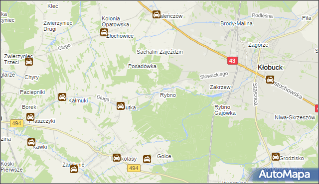 mapa Rybno gmina Kłobuck, Rybno gmina Kłobuck na mapie Targeo