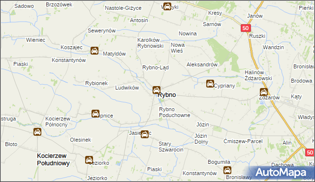 mapa Rybno powiat sochaczewski, Rybno powiat sochaczewski na mapie Targeo