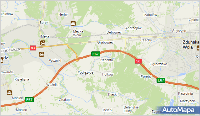 mapa Rzechta gmina Sieradz, Rzechta gmina Sieradz na mapie Targeo