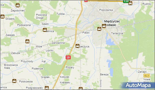 mapa Rzeczyca gmina Międzyrzec Podlaski, Rzeczyca gmina Międzyrzec Podlaski na mapie Targeo