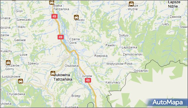 mapa Rzepiska gmina Bukowina Tatrzańska, Rzepiska gmina Bukowina Tatrzańska na mapie Targeo