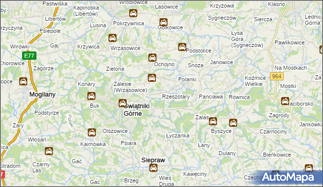 mapa Rzeszotary gmina Świątniki Górne, Rzeszotary gmina Świątniki Górne na mapie Targeo