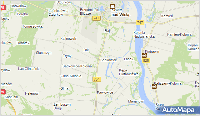 mapa Sadkowice gmina Solec nad Wisłą, Sadkowice gmina Solec nad Wisłą na mapie Targeo