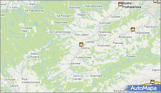 mapa Sidzina gmina Bystra-Sidzina, Sidzina gmina Bystra-Sidzina na mapie Targeo