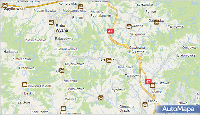 mapa Sieniawa gmina Raba Wyżna, Sieniawa gmina Raba Wyżna na mapie Targeo