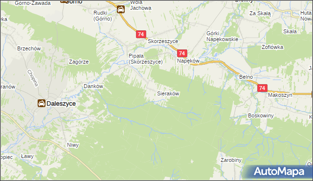 mapa Sieraków gmina Daleszyce, Sieraków gmina Daleszyce na mapie Targeo