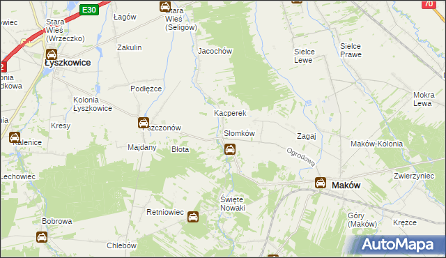 mapa Słomków gmina Maków, Słomków gmina Maków na mapie Targeo