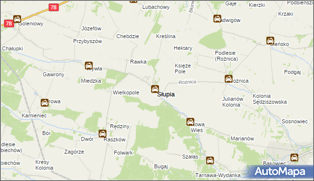 mapa Słupia powiat jędrzejowski, Słupia powiat jędrzejowski na mapie Targeo